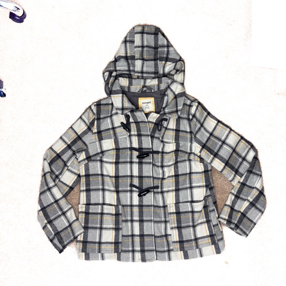 Old Navy Gray Plaid Hooded Pea Coat